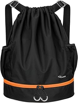 RYACO Drawstring Backpack Sports Gym Bag, Water Resistant String Sackpack Large Size with Zipper and Water Bottle Mesh Pockets for Gym Shopping Sport Yoga School Swimming Beach