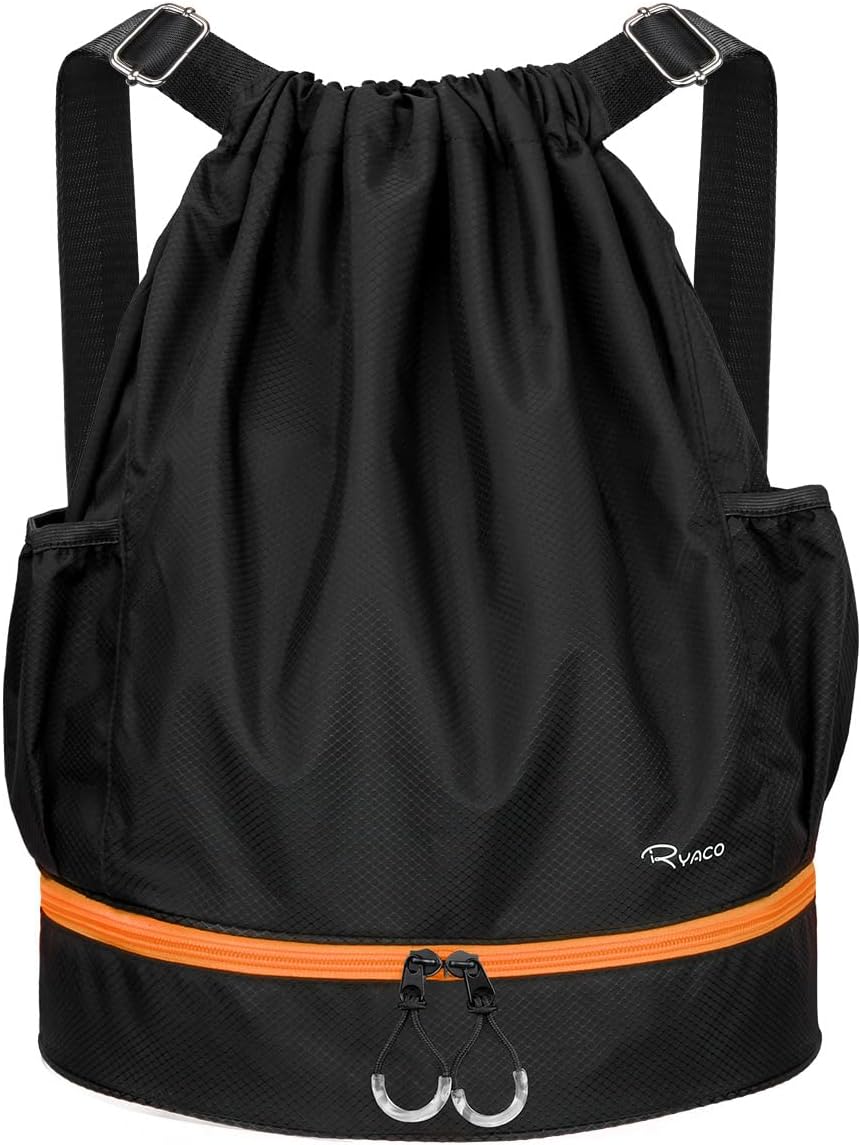 RYACO Drawstring Backpack Sports Gym Bag, Water Resistant String Sackpack Large Size with Zipper and Water Bottle Mesh Pockets for Gym Shopping Sport Yoga School Swimming Beach