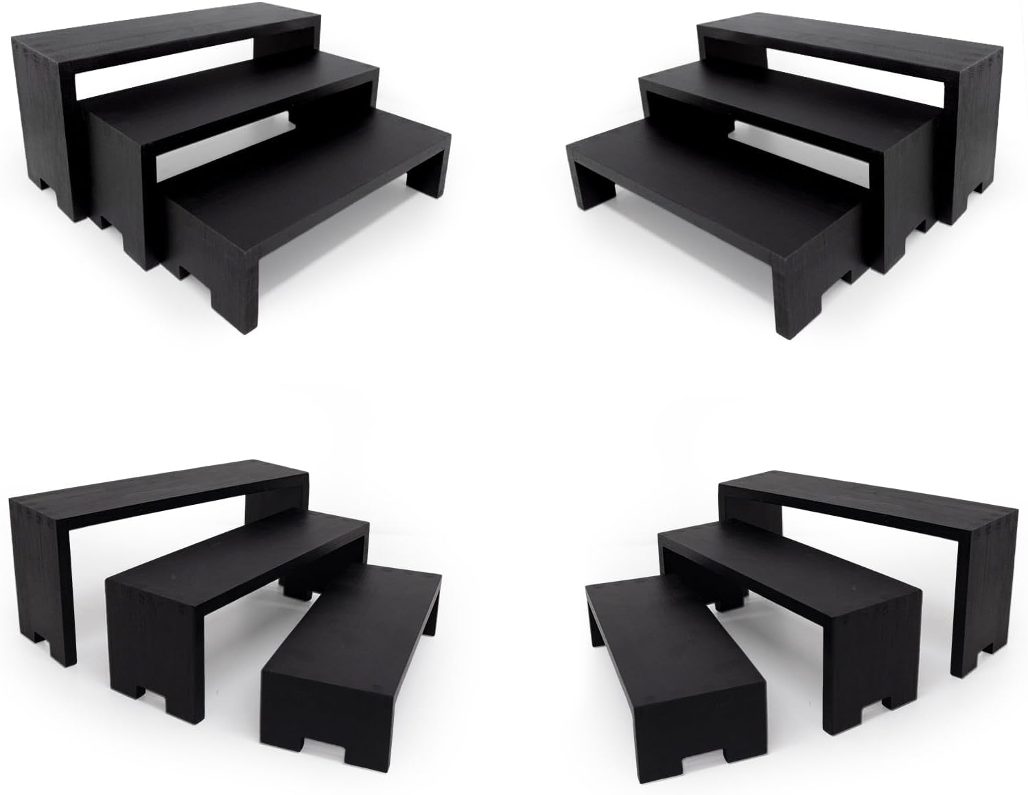 Display Wood Risers Wooden Stand 3 Tier 4 Set 12 Pieces Wood Racks Decorative Rectangular, Cupcake Stands Cologne Perfume Organizer Showcase Items(Black)