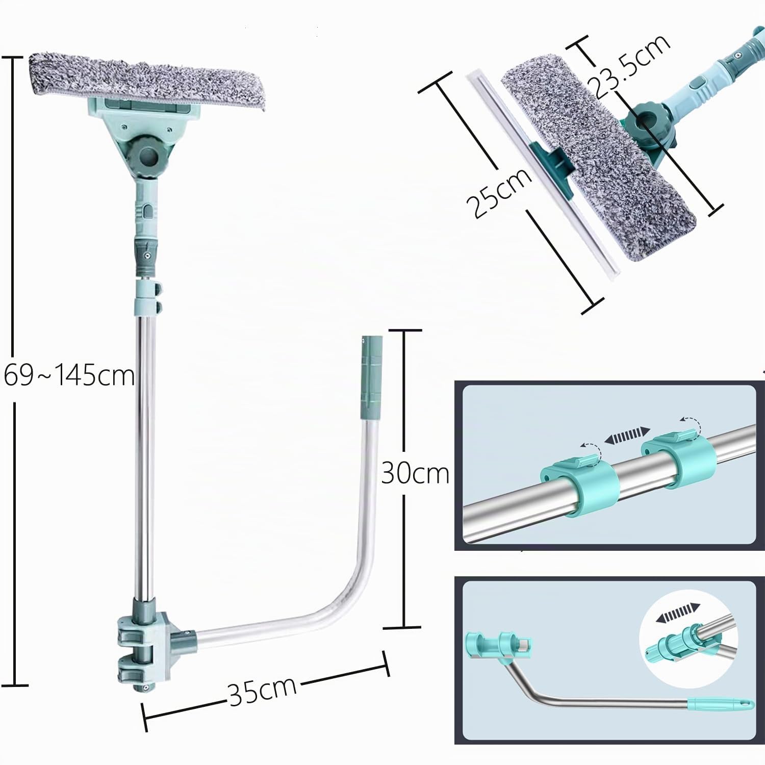 Hooha Fensterwischer Reiniger Fensterabzieher Teleskop U-Bügel Stange 2-in-1 Fensterputzer mit 180°Schwenkkopf Fenster Putzen Wischer Set für hohe Fenster/Dusche/Auto 69-145cm (U-Bügel)