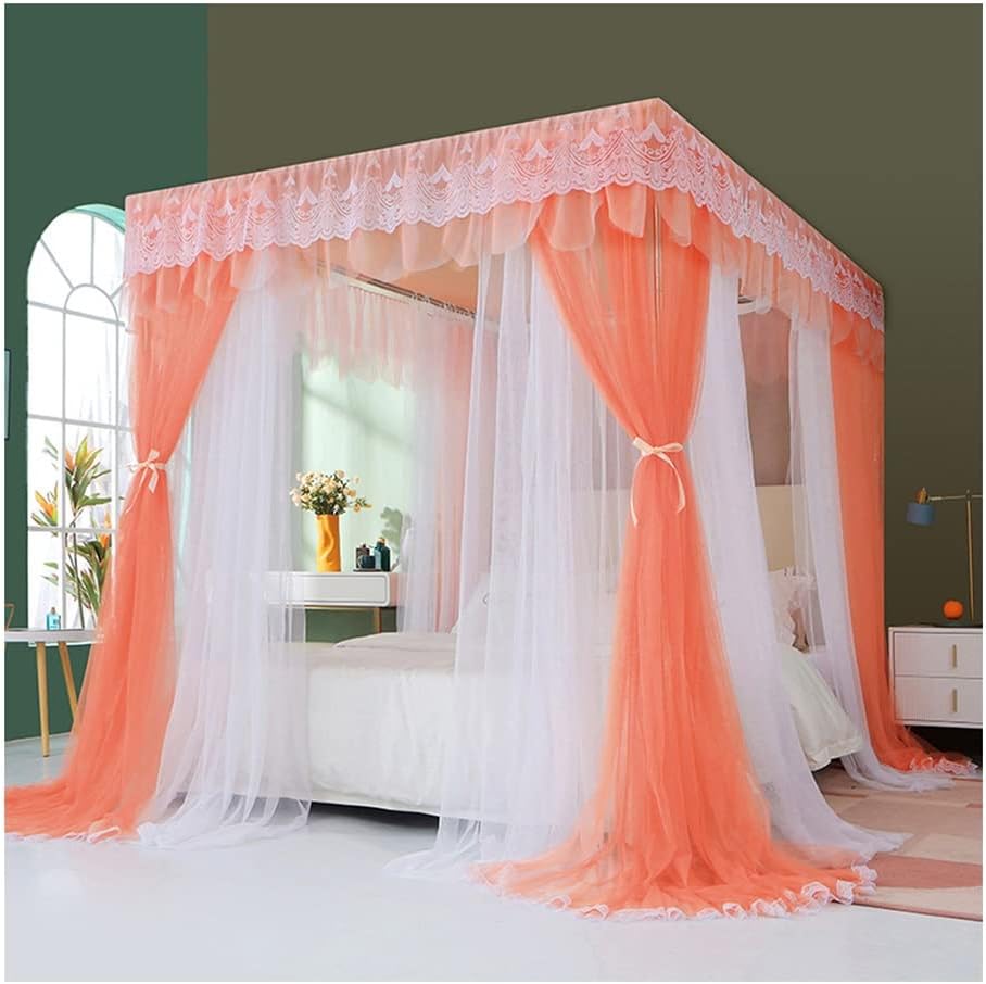 Fabric Bed Drapes Mesh Protection Canopy Shielding Netting,Summer Double Bed Canopy Mosquito Net， Princess Room Deluxe Bedroom Decor Lace Bed Cover with Stand