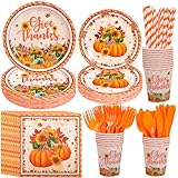 HOWAF Thanksgiving Tableware Set,Give Thanks Party Supplies Dinnerware Set-Paper Plates,Cup,Napkins,Knife,Fork and Straw,Pumpkin Sunflower Fall Dinnerware for 20 Guests