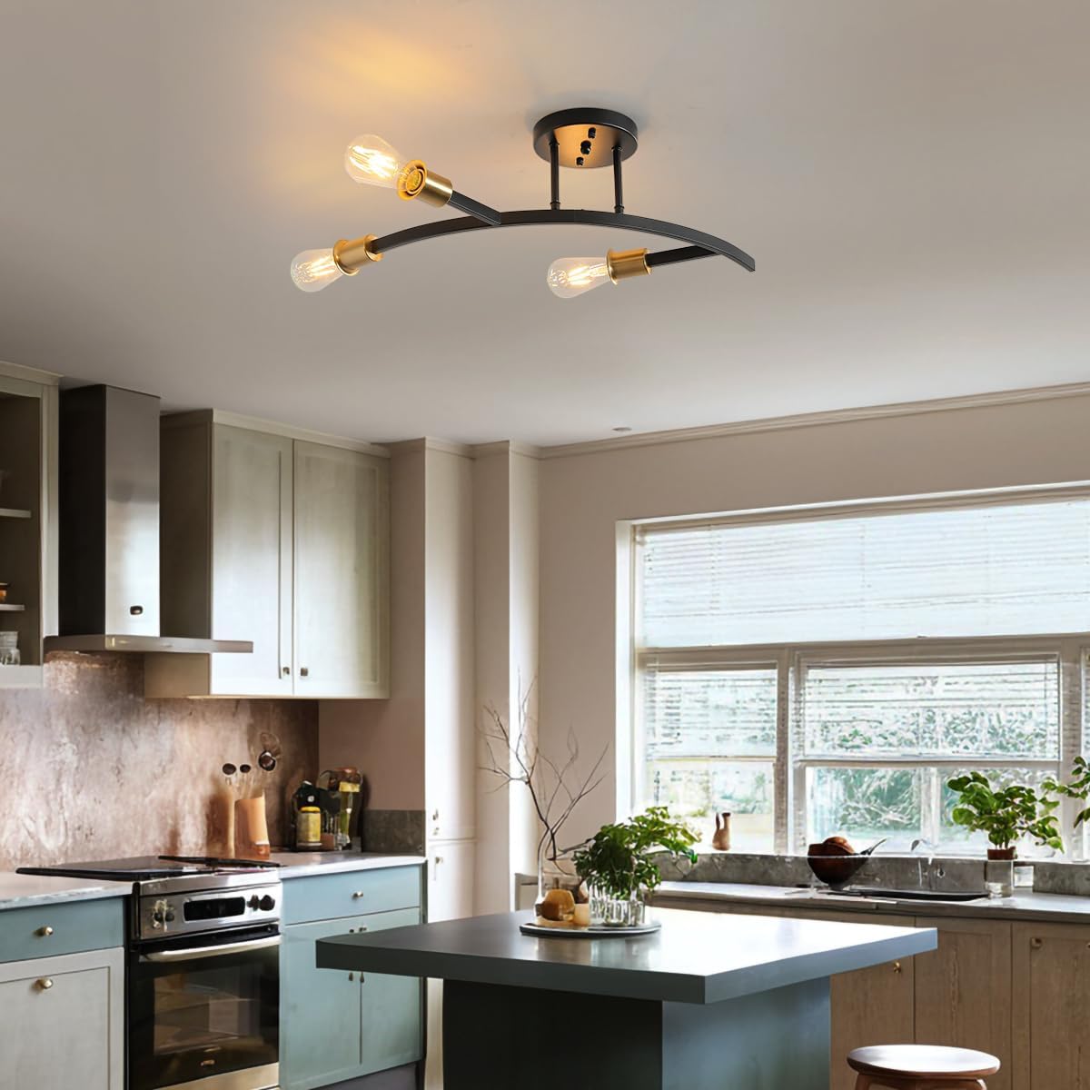 Modern Black and Gold 3-Lights Sputnik Chandelier Semi Flush Mount Ceiling Light Fixture for Entrance,Hallway,Kitchen,Bedroom