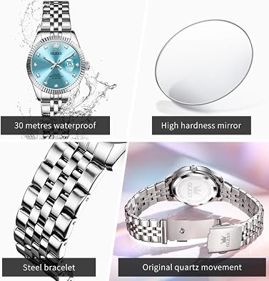 OLEVS Women's Elegant Stainless Steel Waterproof Quartz Watch with Day Date
