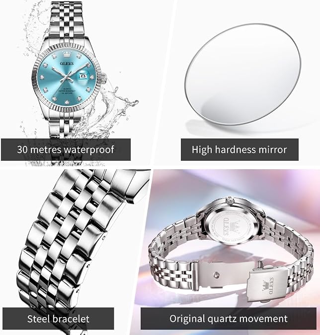 OLEVS Women's Elegant Stainless Steel Waterproof Quartz Watch with Day Date