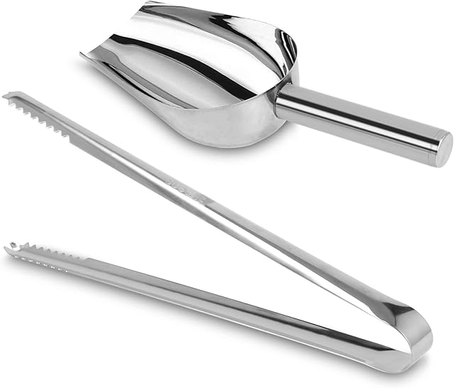 Siumir Stainless Steel Ice Scoop Food Scoop and U-Shaped Ice Tongs Candy Clip Ideal for Wedding, Party and Bar