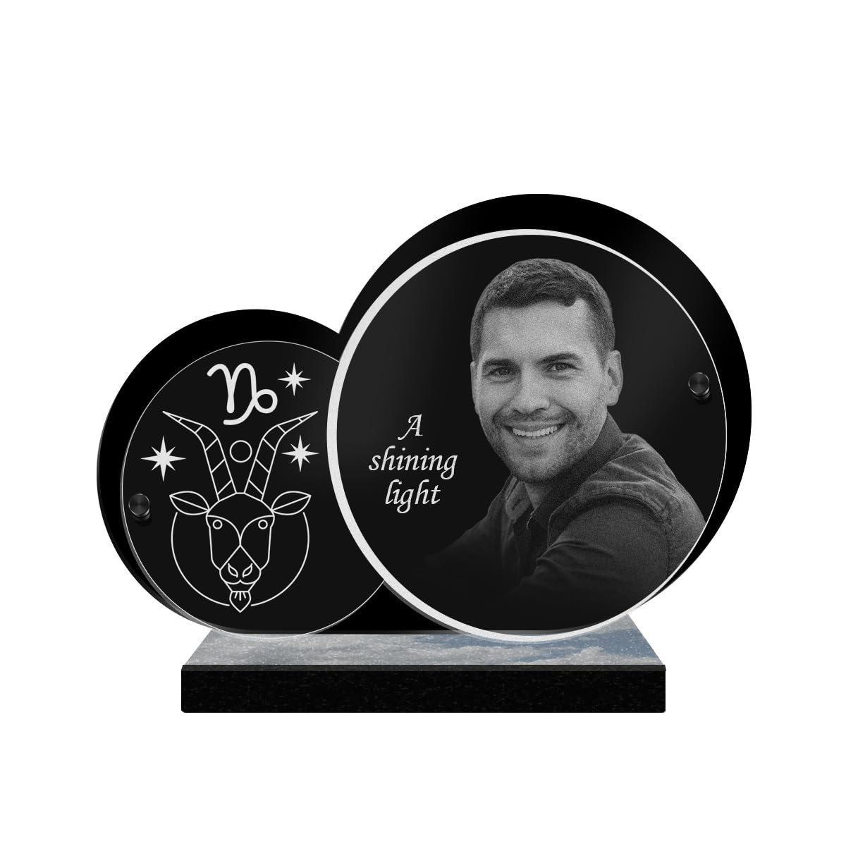 ETERNEL - Personalized Funeral Plaque Double Circle Astro Capricorn Photo and Customizable Text, laser-engraved funeral plaque for tribute cemetery plaque, mortuary, funeral, burial