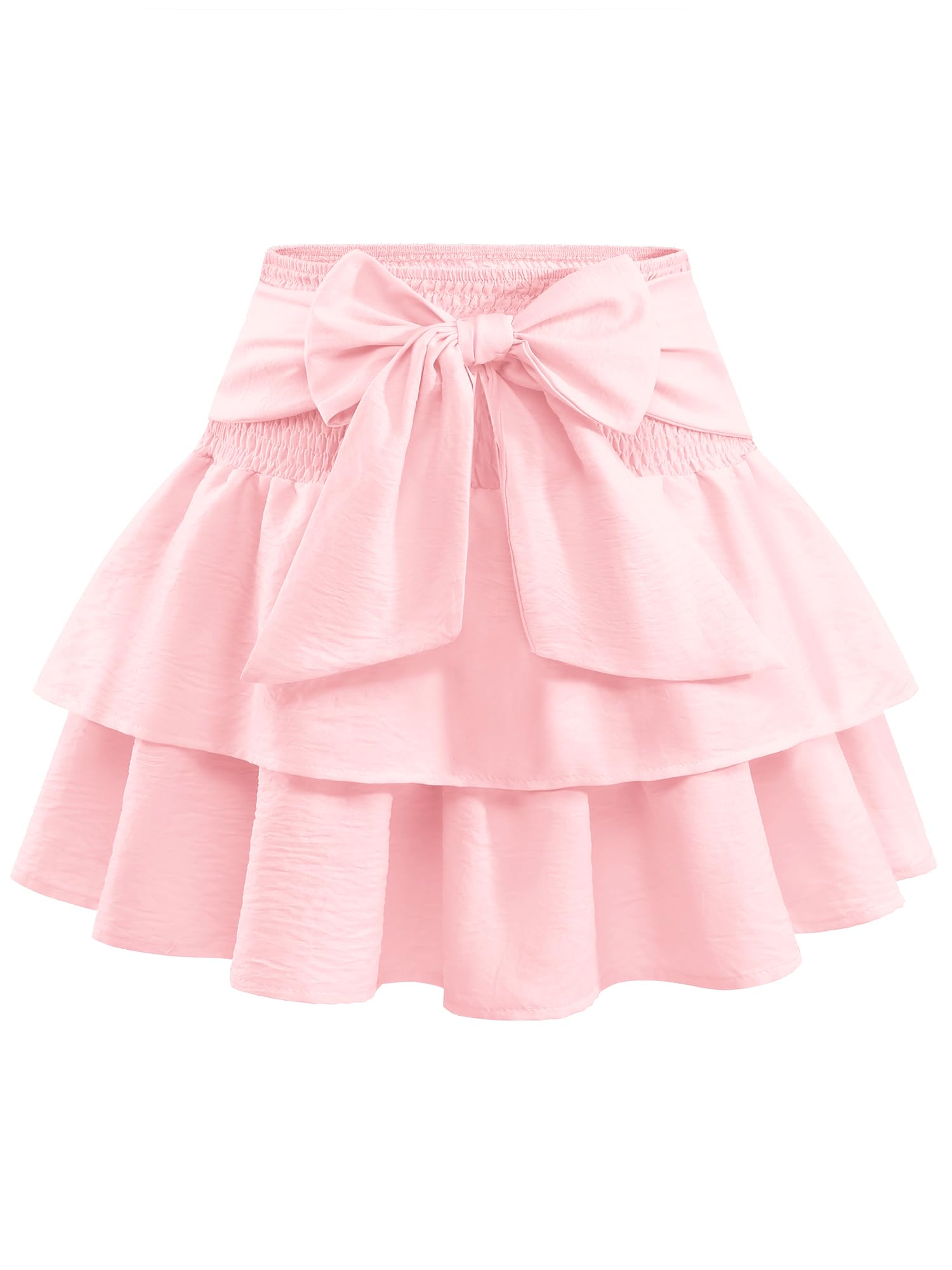 Timormode Women's Bow Mini Skirt Flowy High Waisted Ruffle Hem Short Skirts Cute Boho A-Line Layered Skater Skirt