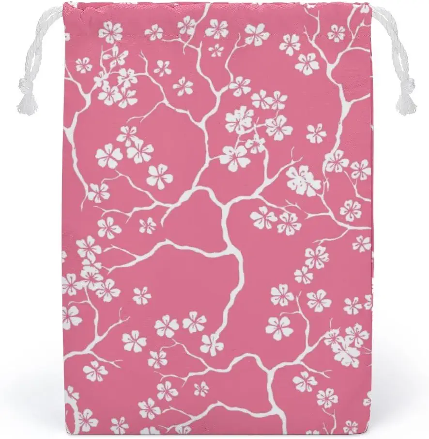 Cherry Blossoms Branches Floral Pink Eco-Friendly Cosmetic Bag Burlap Gift Bag with Drawstring Toy Organizer Candy Bags Small Pouch Jewelry Sachet Bags Water Resistant Washable Canvas Bag