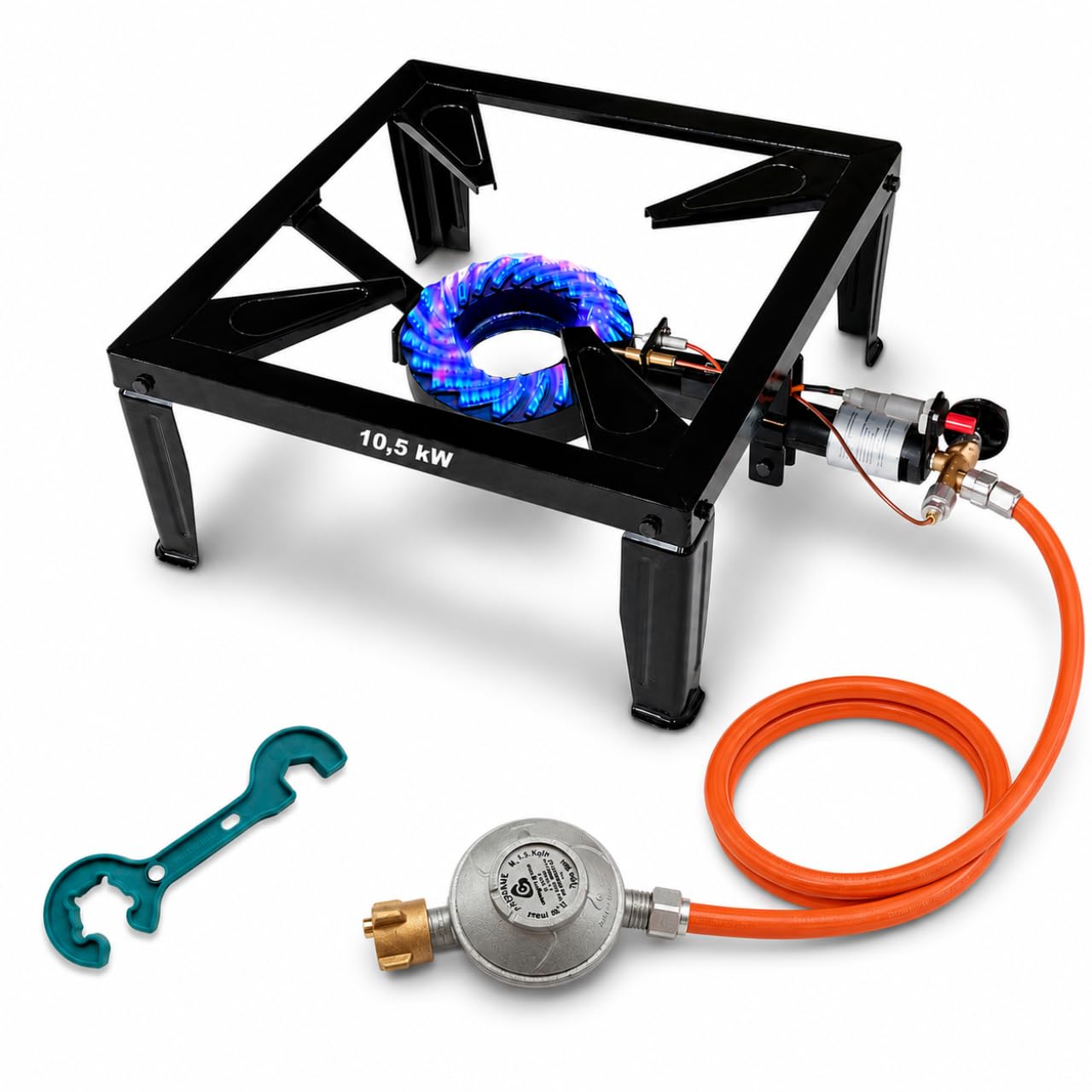 Bluecraft Hockerkocher Gas 10,5 KW Gaskocher + Gasschlauch & Regler 50mbar | Mit Zündsicherung & Piezozündung für Gasflasche - Campingkocher, Gasgrill, Gasbrenner, Gusseisen, Räucherofen, Wokbrenner