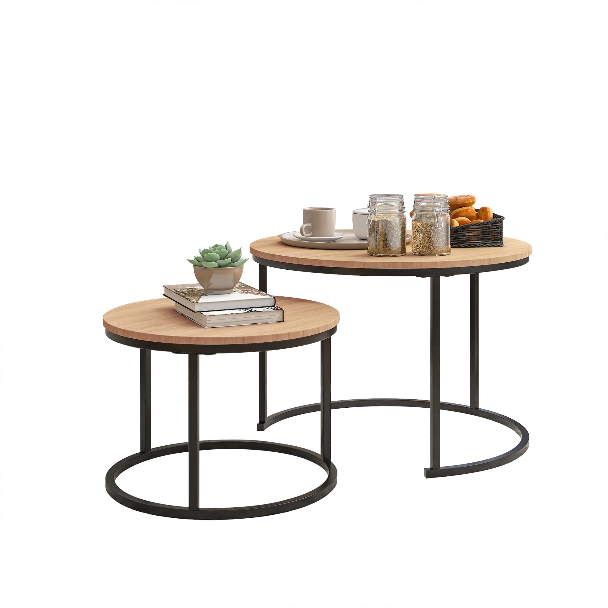 Round Nesting Coffee Table Set of 2 for Living Room, End Side Table with Metal Frame, Sofa Tea Table for Small Space, Black and OAKDK, 69.5 x 49 cm and 49.5 x 35.5 cm (Dia. X H)