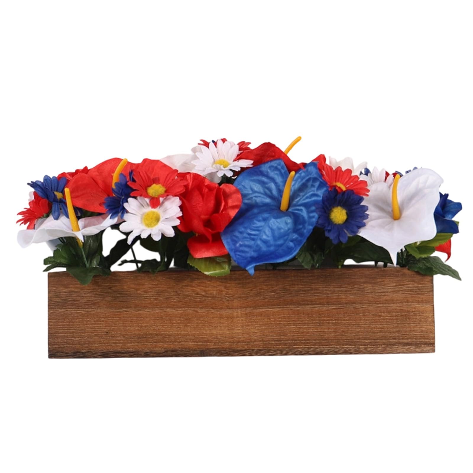 Qusinfc US Independence Day Decorative Artificial Daisies and Lilies Flower Arrangement in Wooden Box for Home Table Centerpieces 35.5X17cm Simulation Flower Home Decors