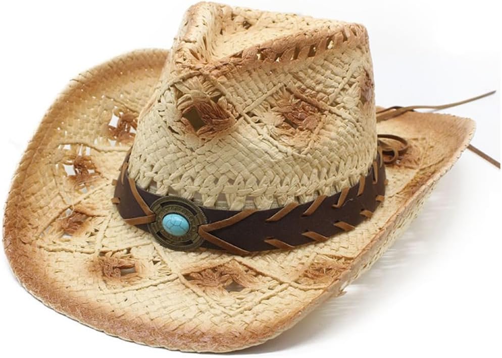 Western Straw Cowboy Hat, Natural Color, Turquoise Stone Band, Distressed Vintage Style
