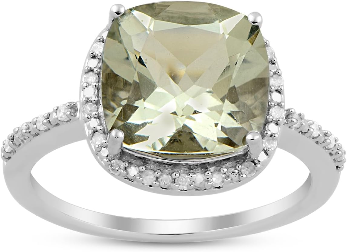 Jewelili Sterling Silver Cushion Halo Cocktail Ring for Women | Green Amethyst or Purple Amethyst & 1/10 CTTW Natural White Round Diamonds | Luxury Jewelry Gift for Her | Gift Box Included
