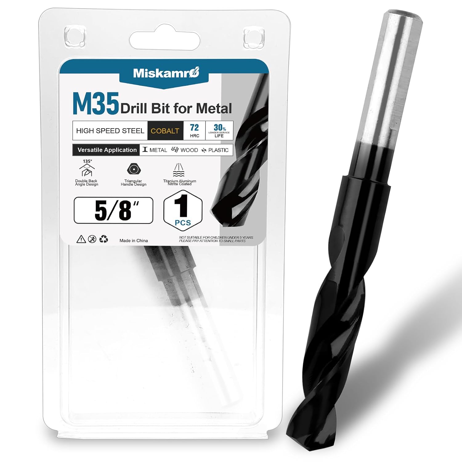 5/8 Inch Cobalt Drill Bit, HSS M35, Industrial Grade, TiAlN Coated | 135° Split Point, Reduced Shank, 3-Flat 1/2" Shank, 6" Overall Length, For Stainless Steel, Cast Iron & Aluminum