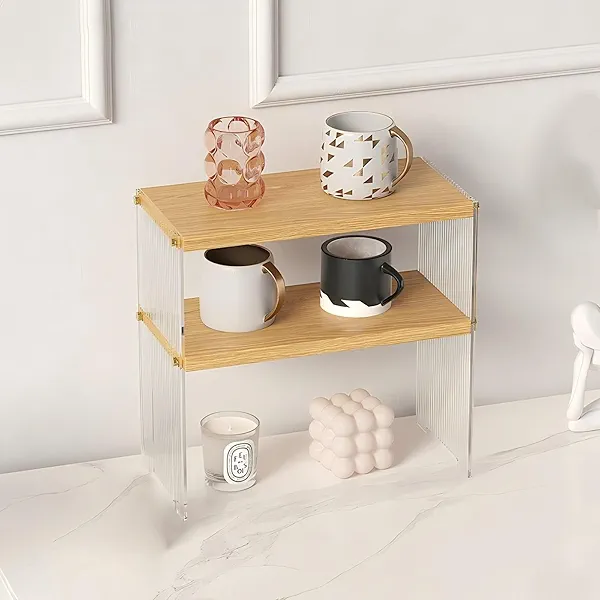 Coffee Station Acrylic Organizer - Wooden Desktop Storage Shelf for Office, Kitchen & Living Room, Multi-Layer Coffee Cup Holder & Condiment Rack, Acrylic Display Shelf for Mugs, Books (2 Tier)