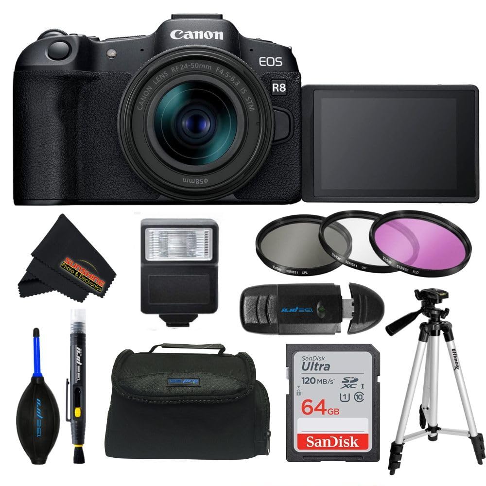 Canon EOS R8 Full-Frame Mirrorless Camera (Body Only), RF Mount, 24.2 MP, 4K Video, DIGIC X Image Processor (Renewed) (Camera w/Lens Kit + Advanced Accessories Bundle)