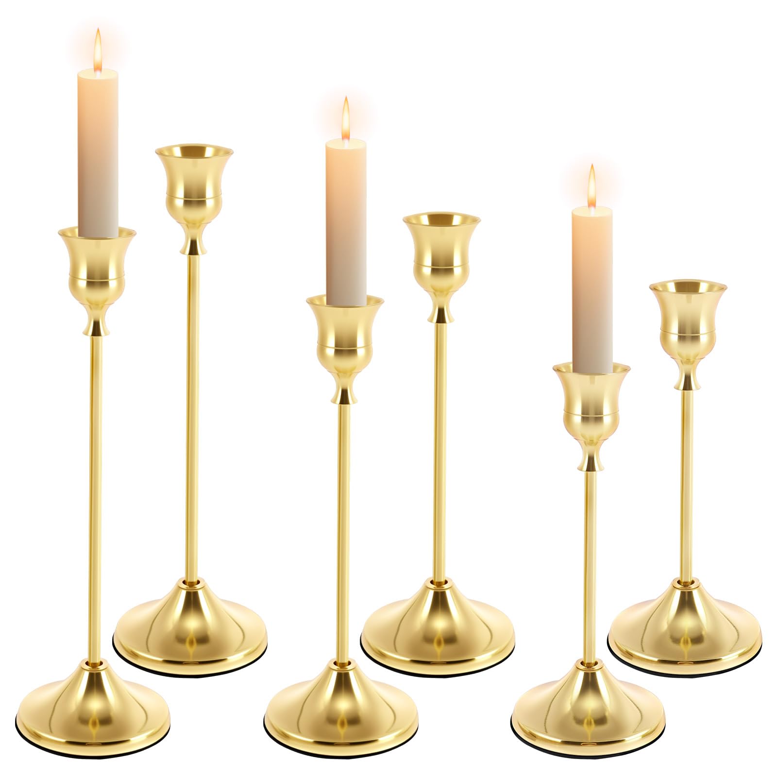 Kuanght Gold 3 Pair Candle Holders, Aluminum Alloy Taper Candlestick Holder, Vintage Christmas Brass Candlesticks Holders For Candlelight Dinner, Weddings, Party And Room Decorations
