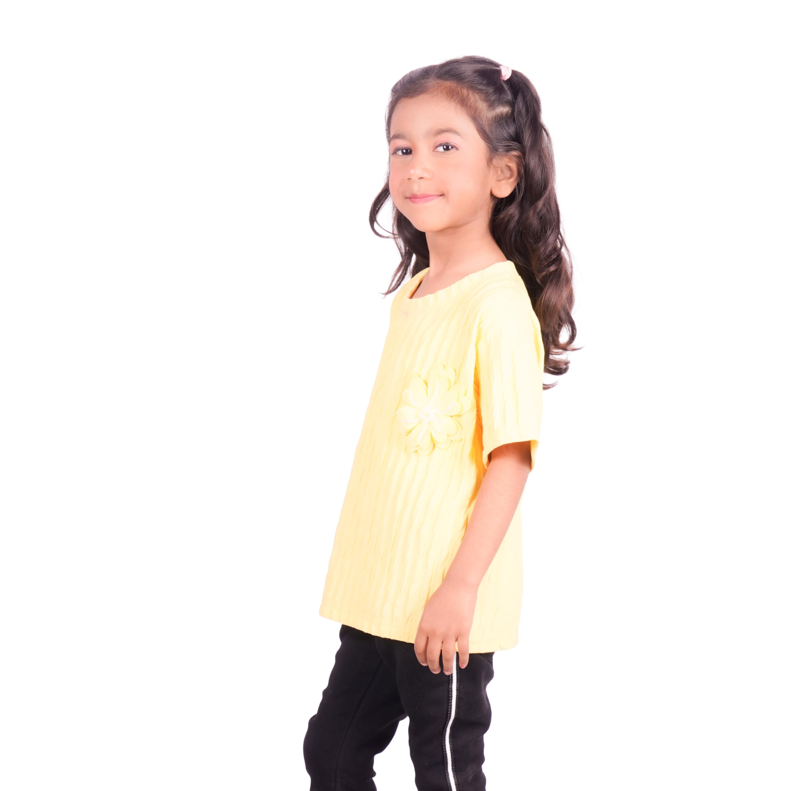 AURA STITCH Girls Solid Yellow Casual Top | Soft Fabric Short Sleeve Round Neck Stylish Kids Wear 2