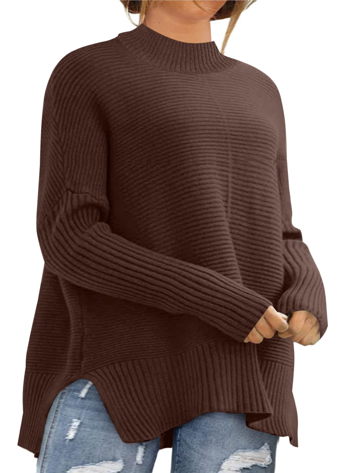 Eytino Womens Plus Size Sweaters Long Sleeve Crew Neck Split Hem Casual Oversized Ribbed Knit Tunic Pullover Tops
