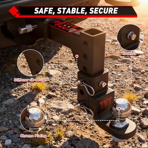 Image of TYT Adjustable Trailer Hitch Ball Mount, 2 inch Towing Ball 7500 LBS, 9-1 /2 inch Drop and 8-1 /4 inch Rise, Fits 2-in Receiver with 2 Pin&Clips and 5 /8 inch Premium Pin Lock for Heavy Duty Truck