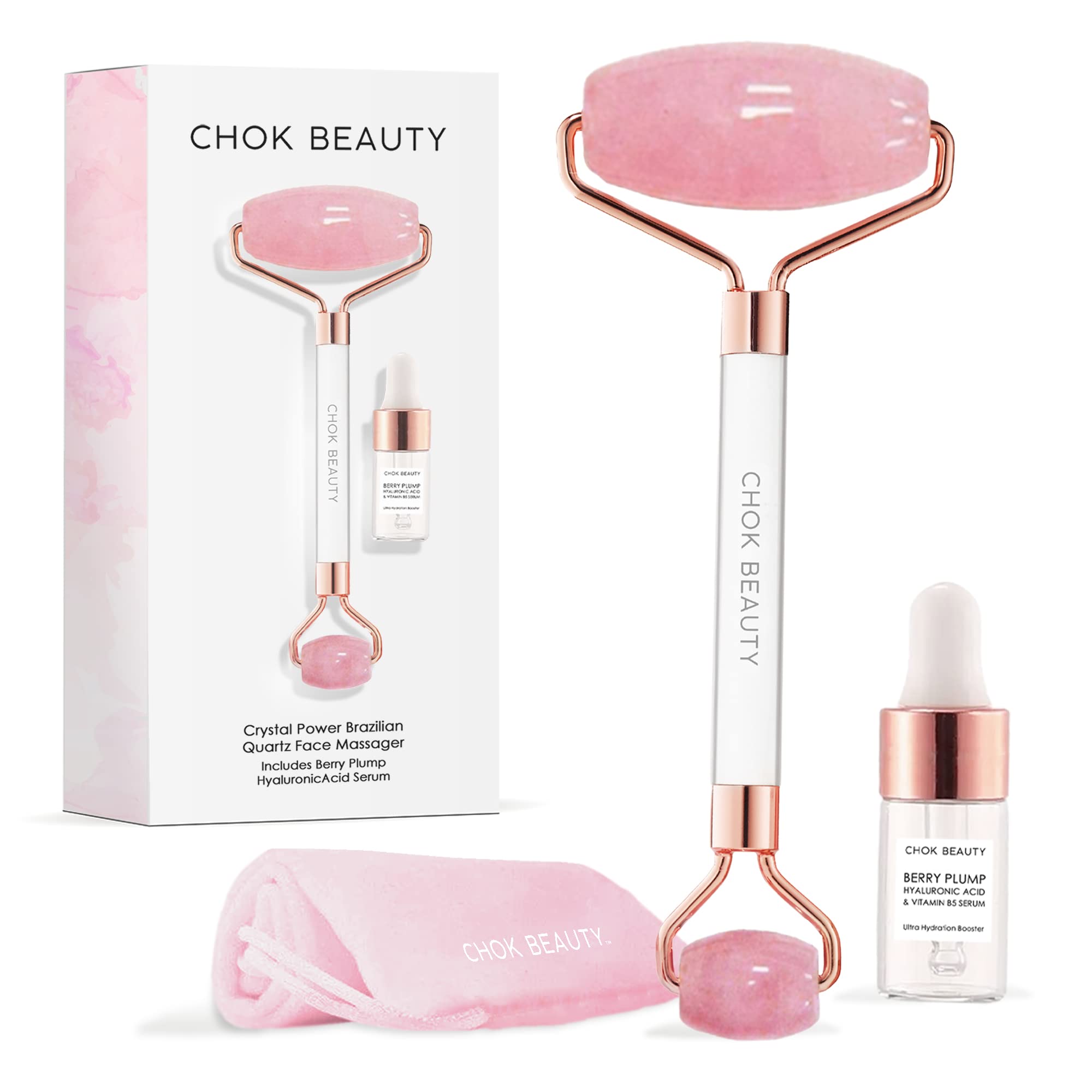 CHOK BEAUTY™ Radiance Glow Set | Natural Rose Quartz Face & Eye Massager | Hyaluronic Acid Booster | Under Eye Puffiness Brightening Tightening Reduce Wrinkles | Free Bag | UK Brand
