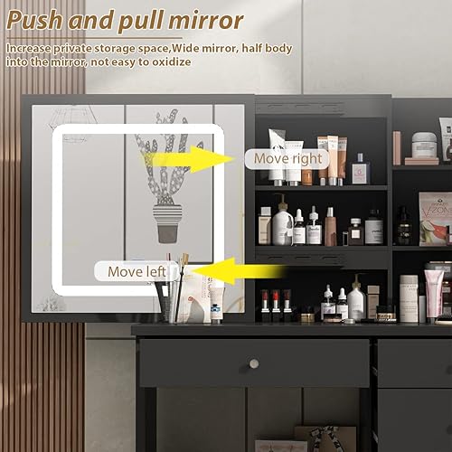 Miniatura 2 de Juego de tocador grande con espejo, 5 cajones y estantes, tocador y taburete acolchado (espejo iluminado deslizante)