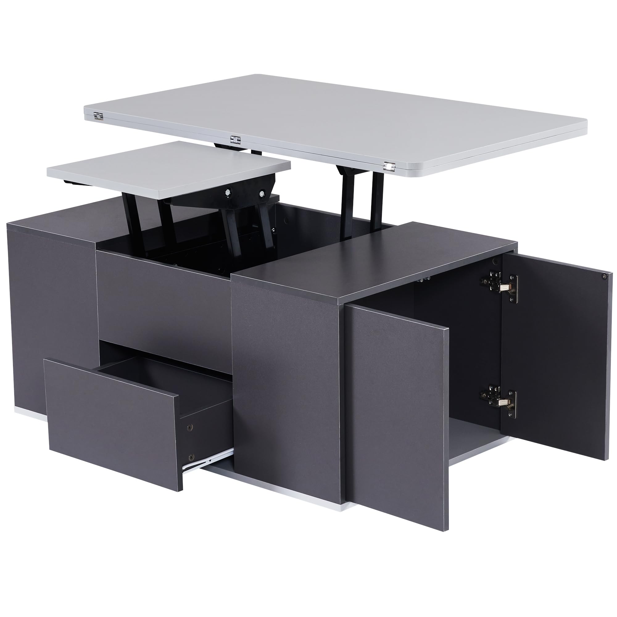 Mesa de centro multifunción elevable - La mesa se abre a 2 mesas, gris oscuro + gris claro, gran capacidad, muebles modernos de salón, mesa auxiliar de oficina, mesa auxiliar multifunción