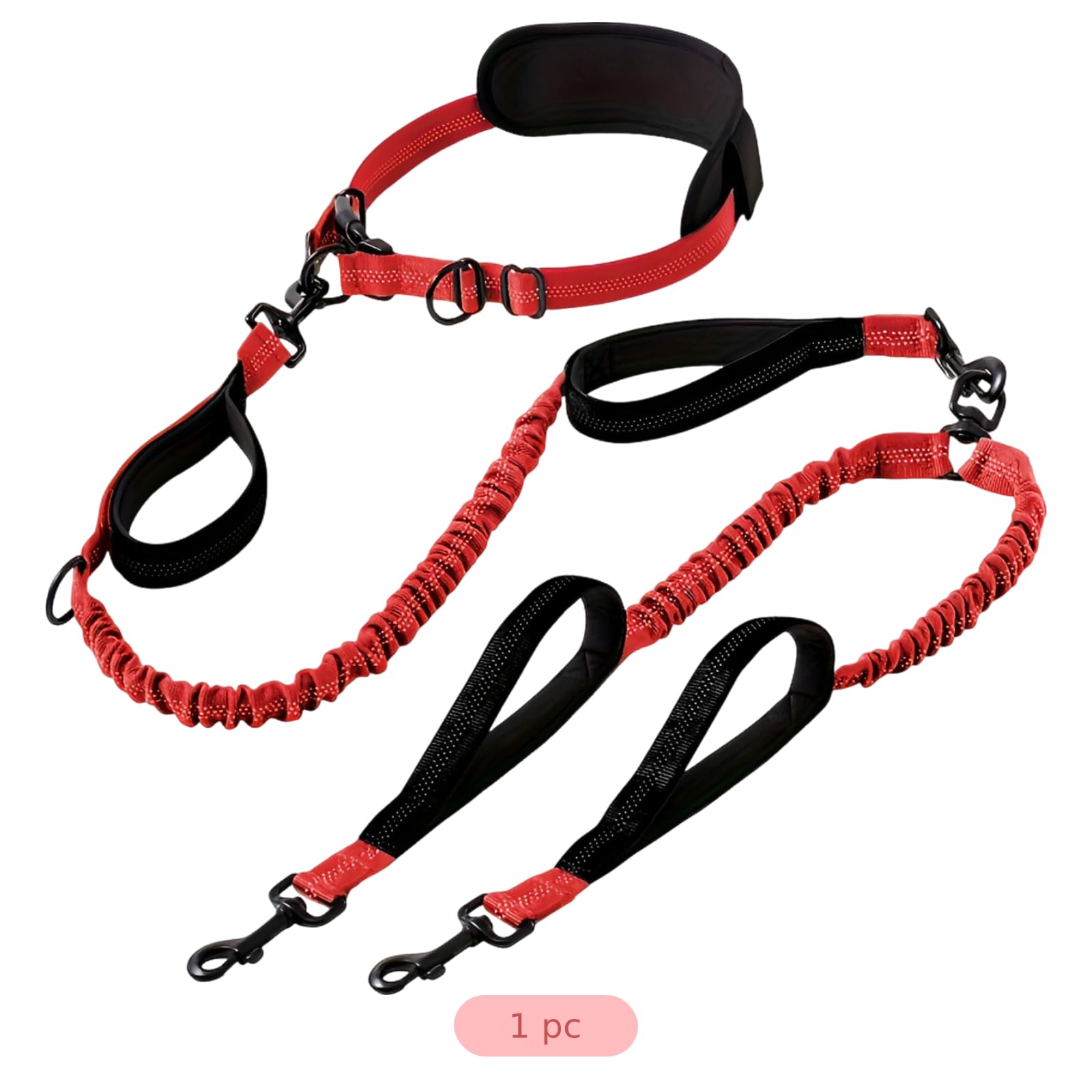 Laisse Mains Libres pour Chiens, Laisse Double pour 2 Chiens avec Bungee, Ceinture de Taille réglable et 4 poignées rembourrées, Laisse Double sans nœuds pour Course, Marche, entraînement