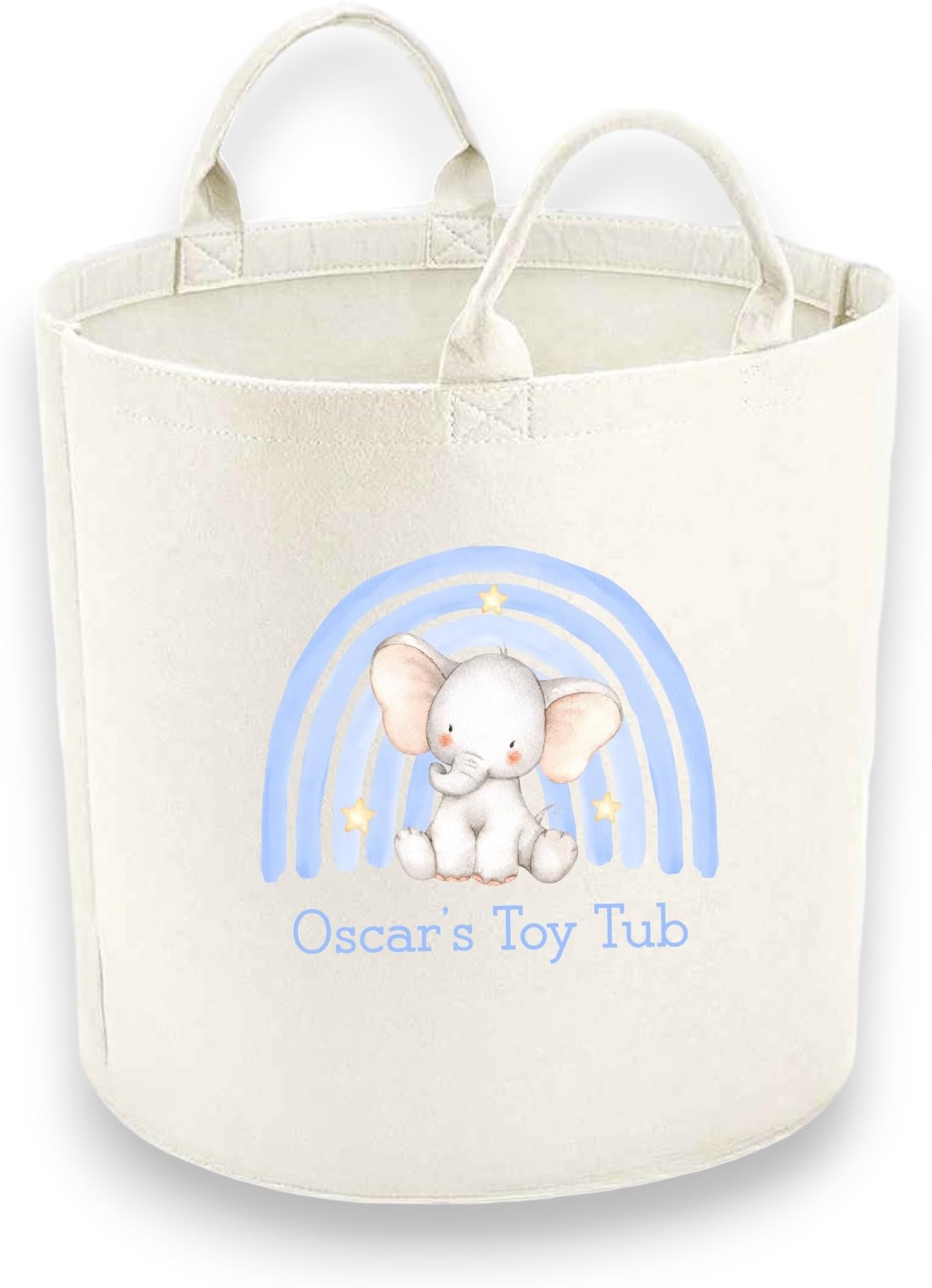 Personalised Child Felt Toy Tub with Blue Rainbow and Elephant Print (Various Sizes) (Medium: 40cm x 40cm)