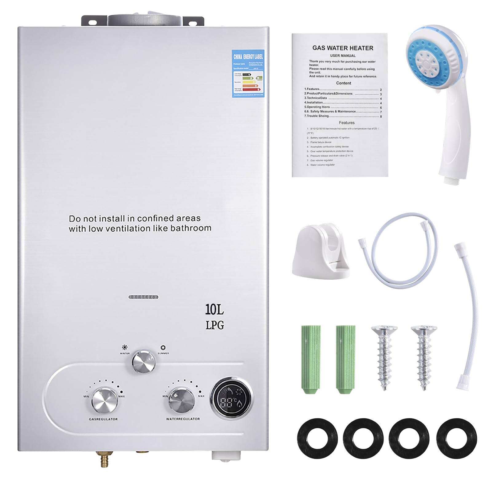 Durchlauferhitzer Gas 10L, 20KW LPG Gasdurchlauferhitzer Warmwasserbereiter Super Niedrigem 0,5bar Startwasserdruck, Tragbarer Gas Durchlauferhitzer, für Dusche im Außenbereich Dusche Bad Camping