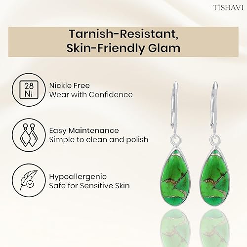 Miniatura 5 de TISHAVI 925 sterling silver leverback dangle trendy earrings for women, Copper Turquoise - bluegreenoyesterpurple teardrop gemstones, hypoallergenic