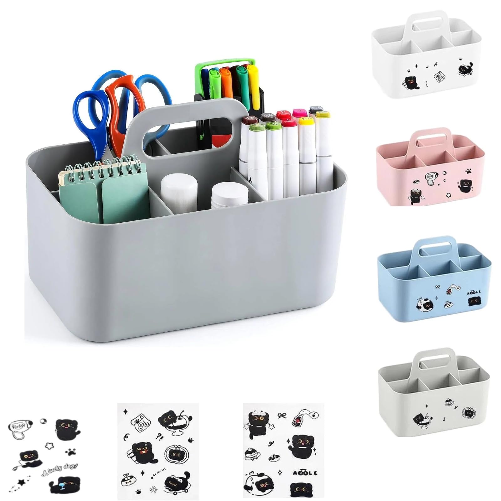 Caddy Organizer with Handle, 5 Slots Multipurpose Storage Organiser, Stackable Cleaning Caddy with 3 Cat Stickers Pen Art Makeup Organiser for Bathroom, Office, Crafts (Light Grey, 25×15.4×17cm)