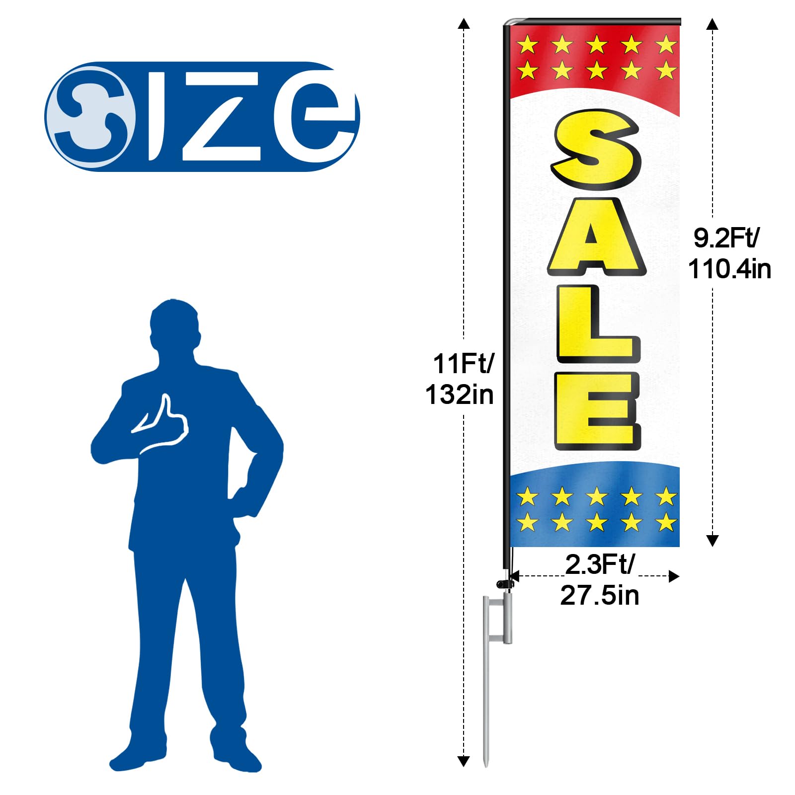 Bandera rectangular de plumas con kit de mástil de bandera y estaca de tierra, bandera sin viento de 11 pies, para publicidad en interiores y exteriores