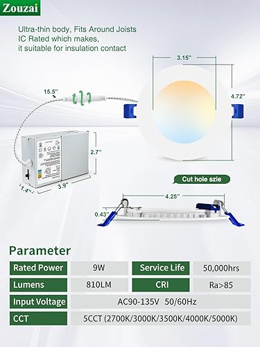Miniatura 4 de Paquete de 20 luces LED empotrables de techo ultrafinas de 4 pulgadas con caja de conexiones, 5CCT ajustables y regulables, con certificación ETL y