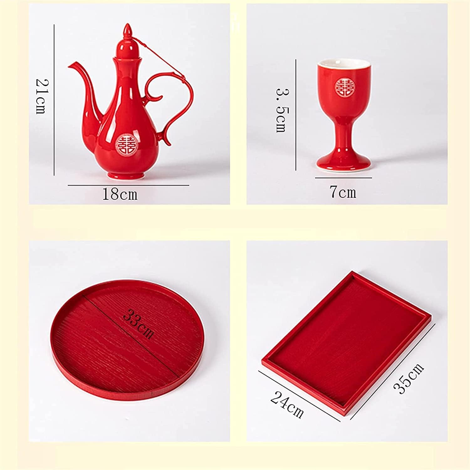 Ceramic Wine Glass Wedding Banquet Kit, Three-Piece Chinese Double-Happiness Jug, 1X Pot, 10X Cup, 1X Tray (Color:Red)