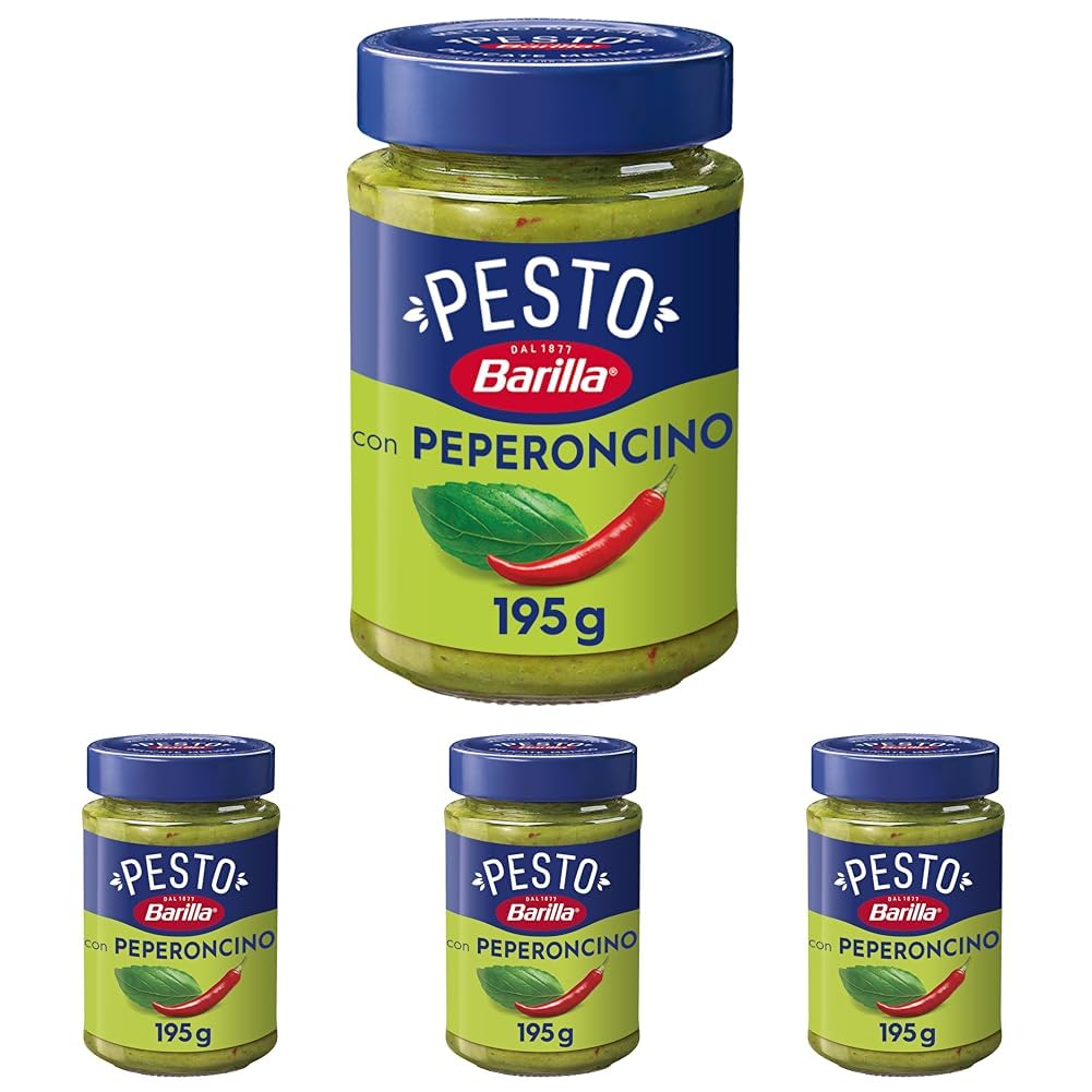 Barilla Pesto Basilico e Peperoncino 1x195g | Glutenfreie Italienische Pasta-Sauce mit Basilikum und Chilischoten, Nudel-Soße, grünes Pesto (Packung mit 4)