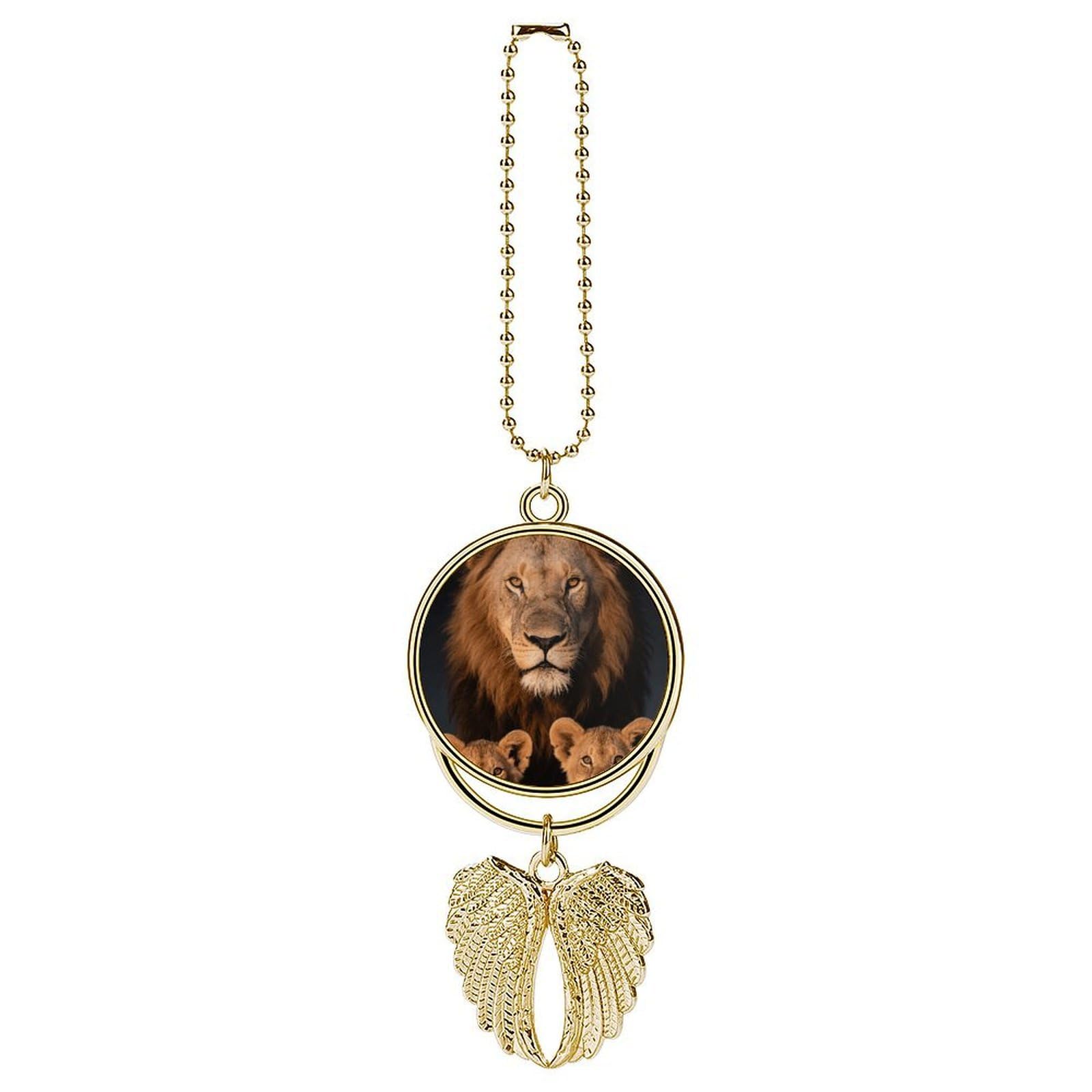 Lion Family with Cubs Guardian Angel Wing Car Ornament for Mirror, Zinc Alloy Hanging Charm with Spiritual Design for Protection, Rearview Mirror Accessory Decor Gift for Women Men(Golden)
