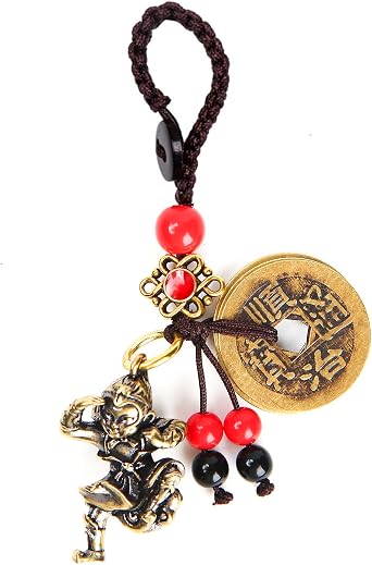 Sun Wukong The Monkey King Statue Keychain with Five Feng Shui Coins, Zodiac Monkey Lucky Charms