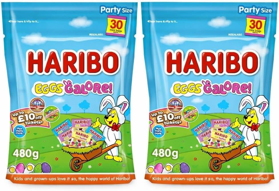 Haribo Eggs Galore Fruit Flavour Jelly & Foam Sweets 480g (30 Mini Bags) – Pack of 2 Sharing Pouches 960g Total (60 Mini Bags) – Easter Party Treats, Kids Sweet Bags, Fruit Gummy Candy Bulk