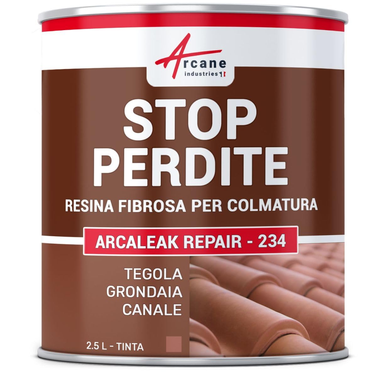 ARCANE INDUSTRIES Cemenguaina fibrata, Guaina liquida fibrata per Riparazione e impermeabilizzazione tegole, grondaie, canali - ARCALEAK Repair - - 2,5 L Tegola
