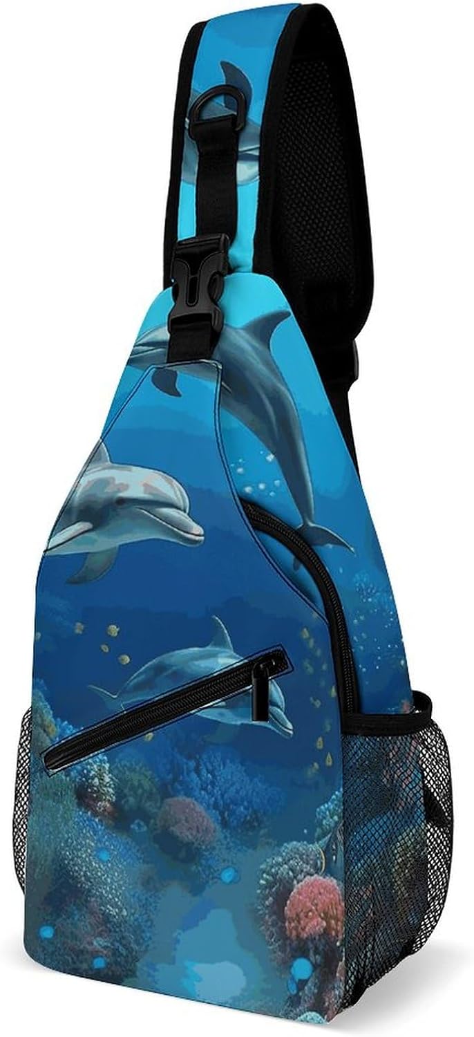 Underwater World Dolphins Coral Sling Bag for Men Women Travel Crossbody Bags Large Hiking Sling Backpack Chest Bag Man Purse