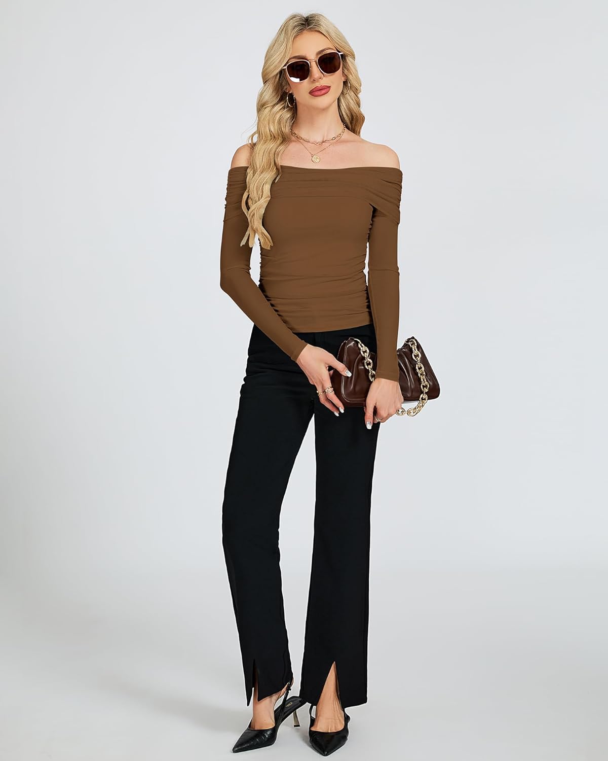Off The Shoulder Mesh Tops for Women 2025 Fall Long Sleeve Shirts Bodycon Y2k Blouses Ruched Tendy Going Out Outfits - Image 3