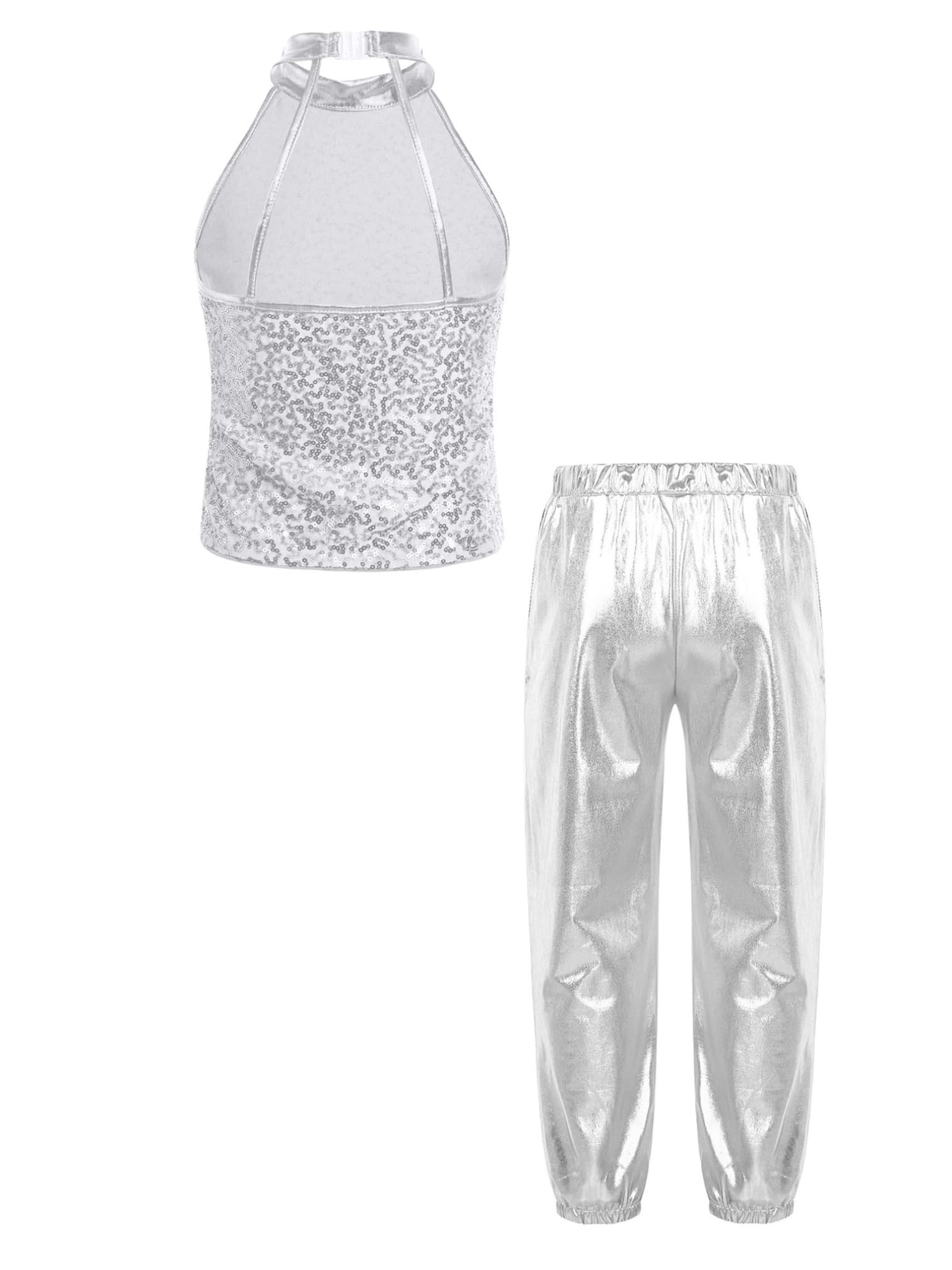 easyforever Kids Girls Hip Hop Jazz Street Dance Outfits Sleeveless Halter Sequins Crop Top with Metallic Pants Set Silver 10 Years