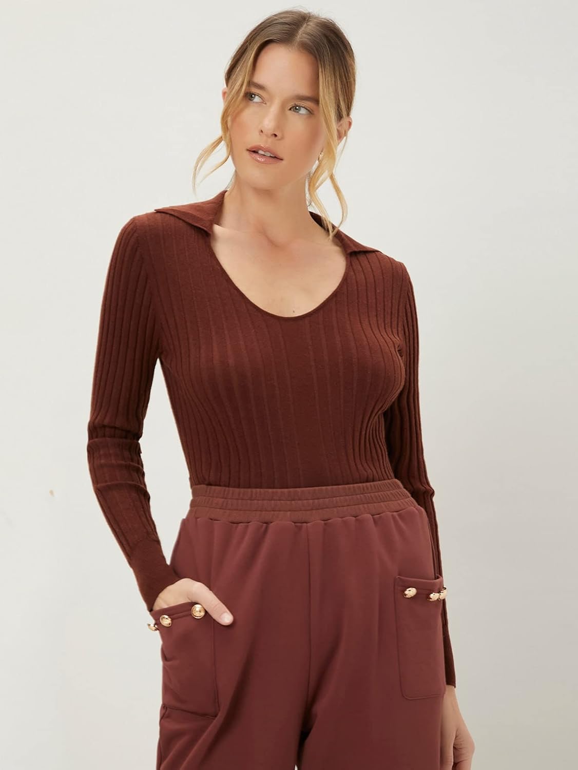 Women's Sweater Wool Mix Slim Knit Bodysuit Sweater for Women (Color : Coffee Brown, Size : Large)