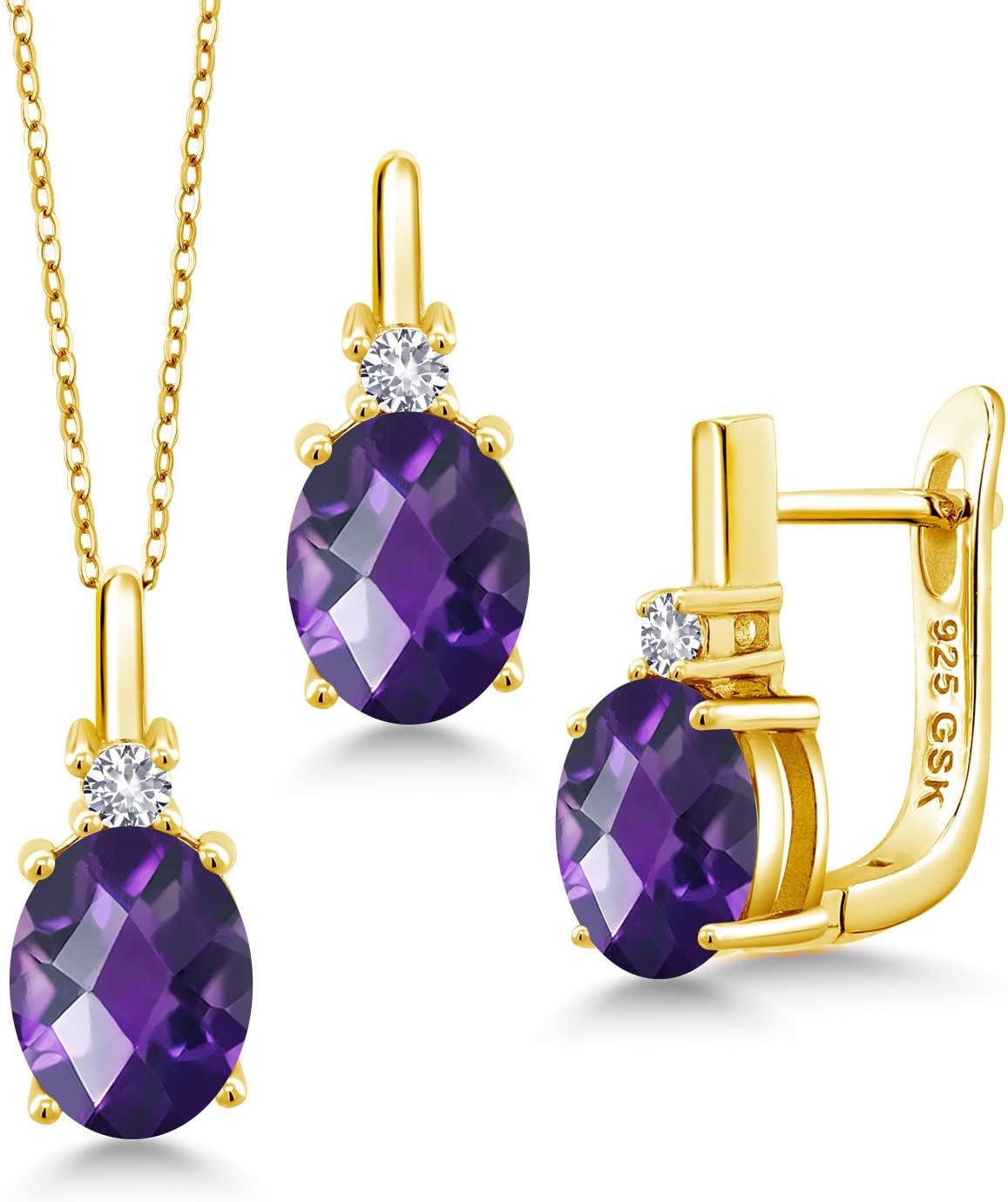 Gem Stone King Gemstone Birthstone and White Created Sapphire Pendant and Earrings Jewelry Set for Women in 18K Yellow Gold Plated Silver | Oval 8X6MM and Round 2.5MM | With 18 Inch Chain