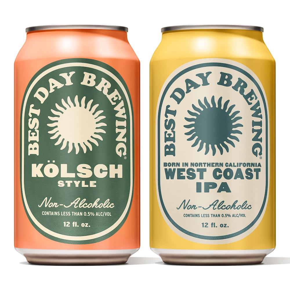 Best Day Brewing Craft Non Alcoholic Beer, 2 Flavor Variety, 24 Pack, Low Carb & Low Calorie NA Beer, Kolsch Style and West Coast IPA Combo, Non Alcoholic Drinks for Adults, 12 fl oz Can