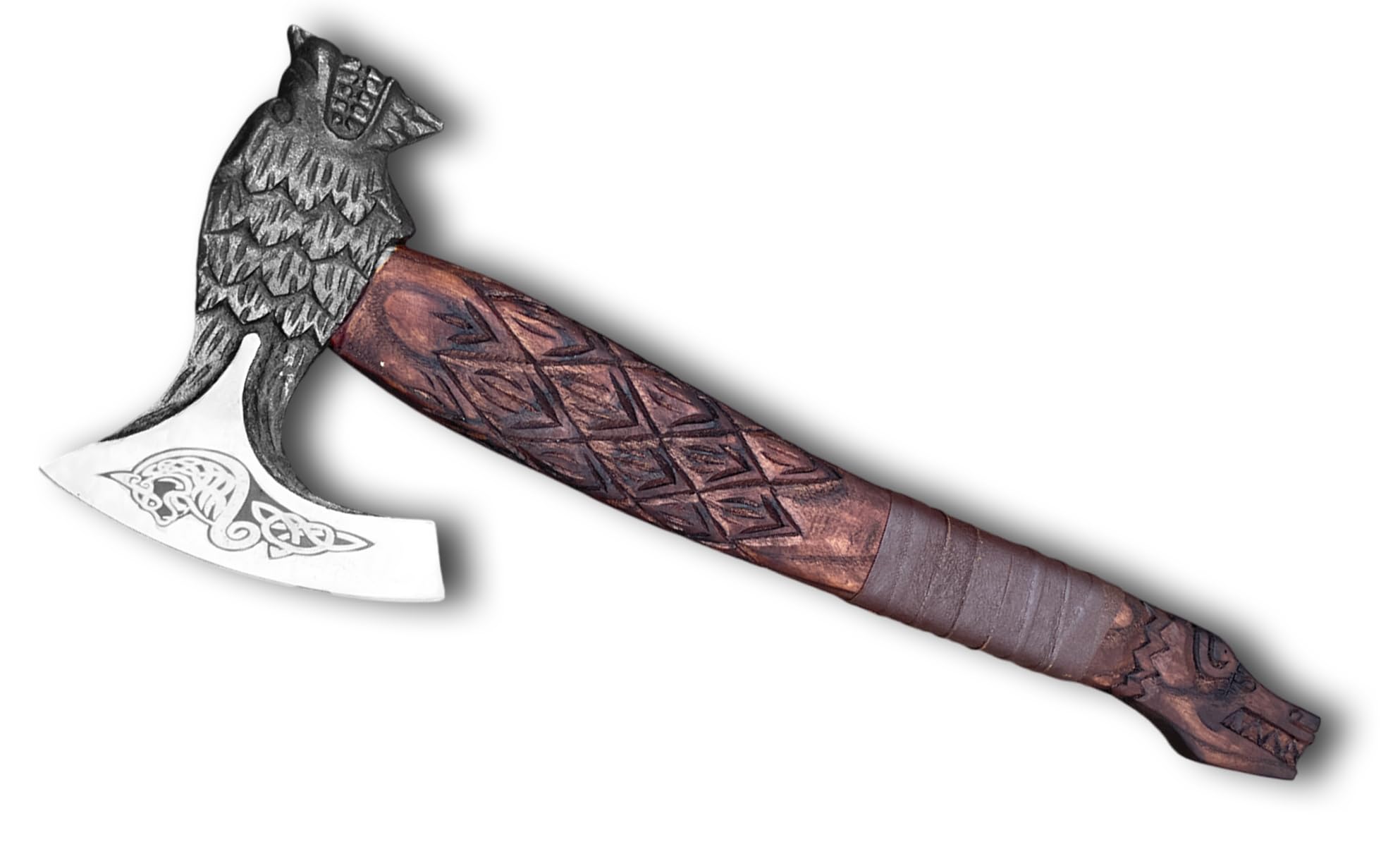 Novahaven Fenrir – Handgeschmiedete Outdoor Axt 56 cm Carbonstahl mit geschnitztem Eschenholzgriff, Wolfskopf & Drachendesign, Lederscheide für Camping & Dekoration