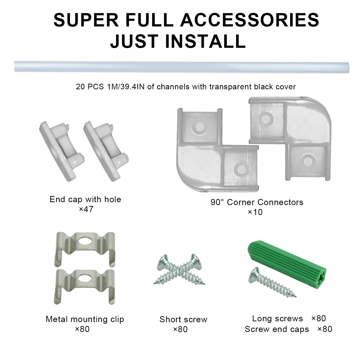 SENXINGYAN Perfil de Aluminio, 20 Pack 1M/3,3ft U Forma, Cubierta de Difusor Blanco Lechoso, Los Casquillos de Extremo y los Clips de Montaje del Metal, Canal de Aluminio para tiras LED, Plata