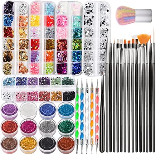 Nail Art Brush, FANDAMEI Nail Design Tools Kit with Nail Art Brushes, Nail Dotting Tools,Fine Glitter,Nail Butterfly, Nail Heart Sequins, Foil Flakes, Nail Art Rhinestones, Nail Art Decoration Kit.